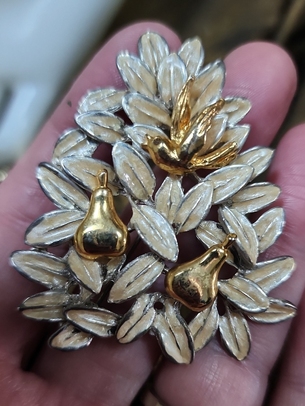 Lia Vintage Gold & Cream Partridge In A Pear Tree Brooch‎